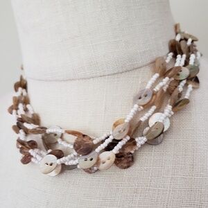 White seed bead and capiz shell multi strand necklace